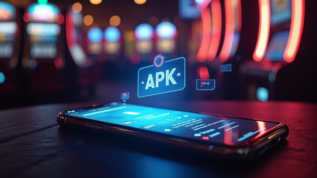 Teléfono Android mostrando instalación de APK con permisos en un casino oscuro