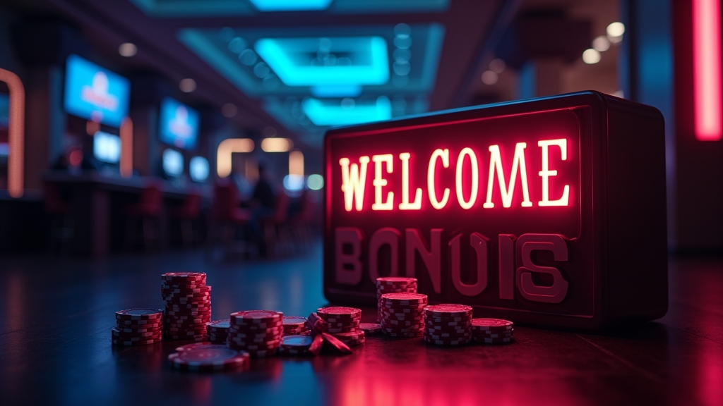 Pantalla de bono de bienvenida con fichas y caja de regalo en un casino oscuro