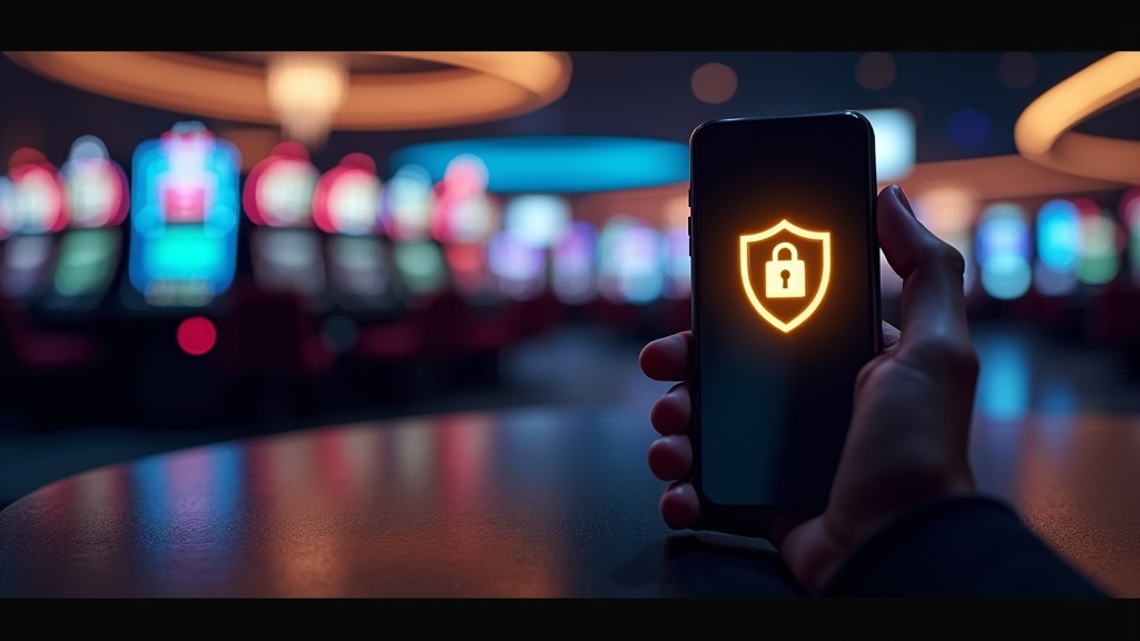 Teléfono con pantalla de descarga segura de casino en un ambiente oscuro y elegante