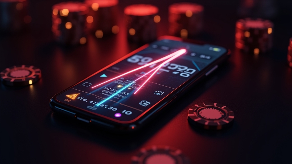 Pantalla móvil con el juego Aviator en un ambiente de casino oscuro y moderno