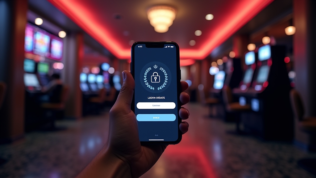 Teléfono con pantalla de acceso y actualización de app de casino en un entorno oscuro
