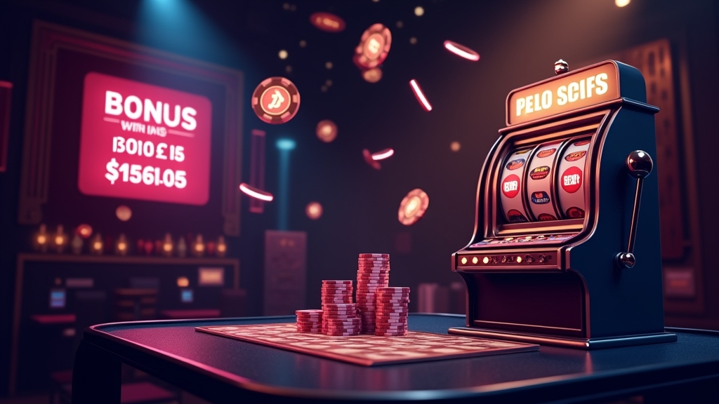 Comparación de términos de bono con giros y fichas en un casino oscuro